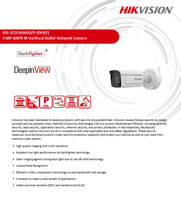 Hikvision iDS-2CD7A46G0/P-IZHS(Y) 4MP DeepinView ANPR Moto IR Varifocal Bullet IP Camera  License Plate Recognition 2.8 to 12 MM