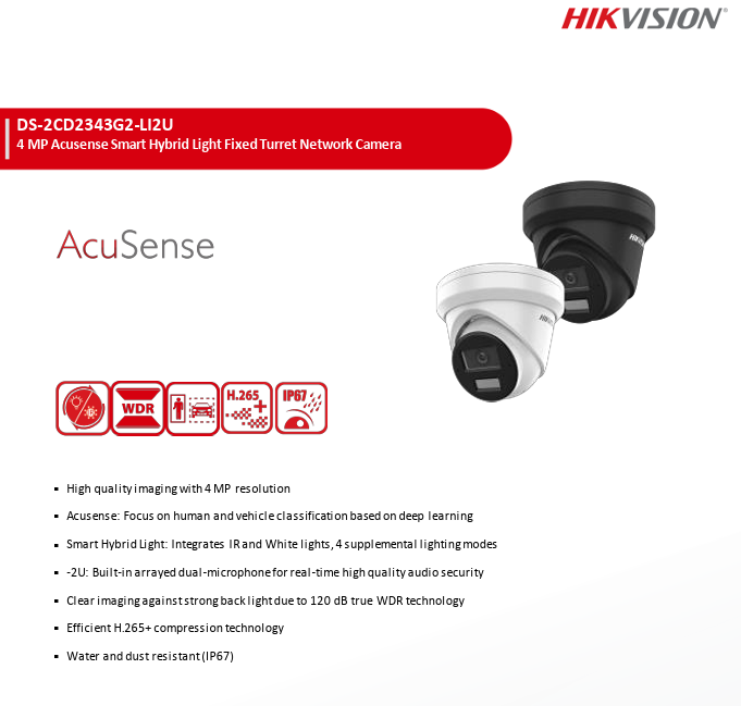 Hikvision DS-2CD2343G2-LI2U 4MP Acusense Smart Hybrid Light Fixed Turret Network IP Camera Built-in Dual Mic 2.8mm