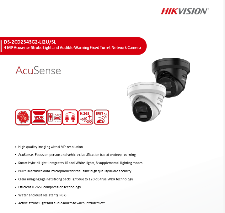 Hikvision DS-2CD2343G2-LI2U/SL 4MP Acusense Smart Hybrid Light Fixed Turret IP Network Camera Built-in Dual Mic 2.8mm