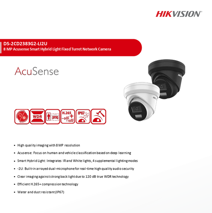 Hikvision DS-2CD2383G2-LI2U 4K 8MP IP Acusense Strobe Light and Audible Warning & Smart Hybrid Light Fixed Audible Warning Built-in Dual Mic2.8MM