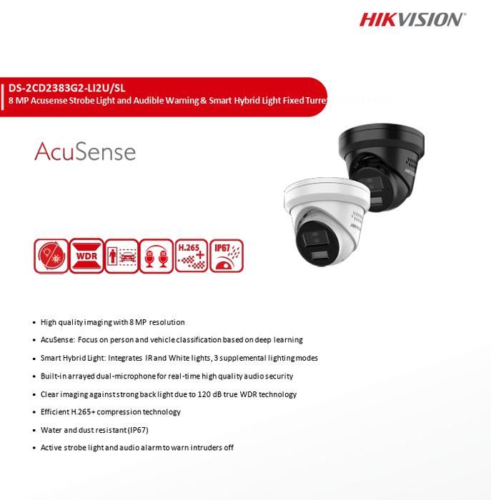 Hikvision 4K 8MP DS-2CD2383G2-LI2U/SL Acusense Strobe Light and Audible Warning & Smart Hybrid Light Fixed Turret IP Network Camera Built-in Dual Mic 2.8mm