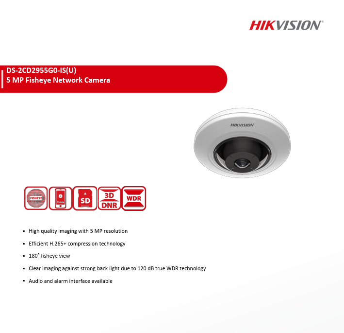 Hikvision 5MP DS-2CD2955G0-ISU IP Fixed 180° Fisheye Network Camera 1.05mm Lens Audio Alarm Interface