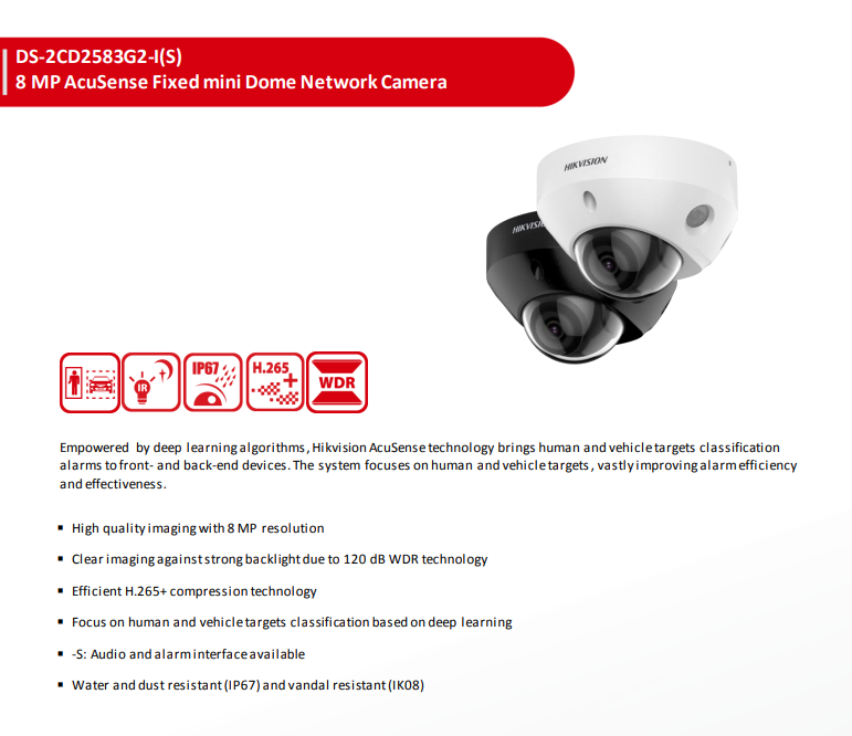 Hikvision DS-2CD2583G2-IS 8MP 4K AcuSense Fixed Mini Dome IP Camera PoE Built-in Mic 2.8mm