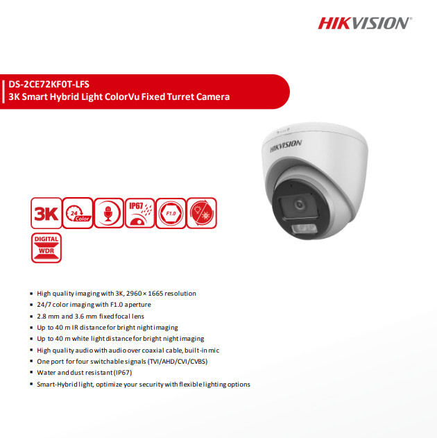 Hikvision 5MP 3K ColorVu DS-2CE72KF0T-LFS 4IN1 Analog Smart Hybrid Light 2.8mm w/MIC
