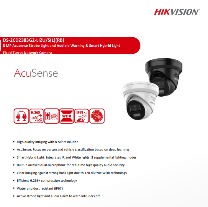 Hikvision DS-2CD2383G2-LI2U/SL 4K 8MP IP Acusense Strobe Light and Audible Warning & Smart Hybrid Light Fixed Audible Warning 2.8MM