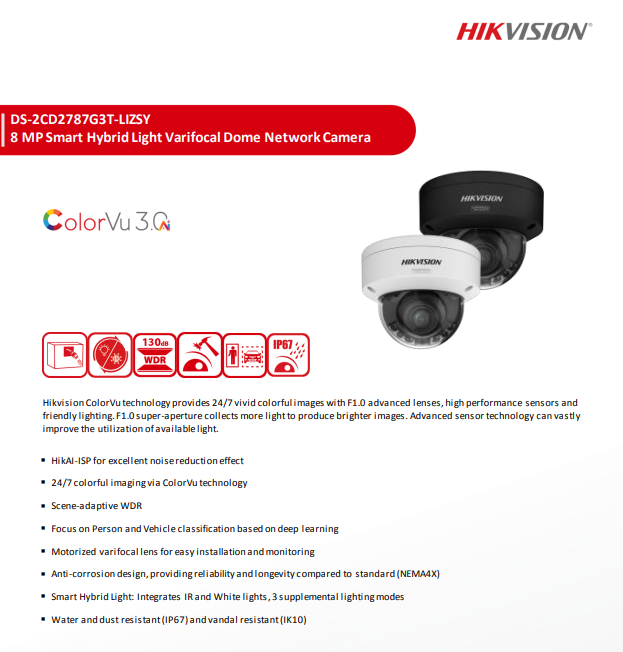 Hikvision 8MP DS-2CD2787G3T-LIZSY Smart Hybrid Light with ColorVu Motorized PTRZ Varifocal Lens Dome  IP Camera  2.8 to 12 mm