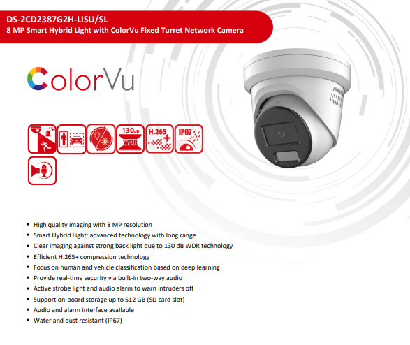 Hikvision DS-2CD2387G2H-LISU/SL4K 8MP PoE Fixed Turret IP Camera with Smart Hybrid Light, Color Night Vision, Human/Vehicle Detection, Built-in Mic and Speaker, Strobe Light and Audio Alarm