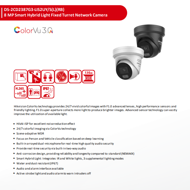 Hikvision DS-2CD2387G3-LIS2UY/SL 8MP Strobe Light & Audible Warn Color-Vu 3.0 Fixed Turret PoE IP Camera, Smart Hybrid Light, Acu-sense 3.0, Two-Way Audio, HikAI-ISP Noise Reduction, Anti-Corrosion Design 2.8mm