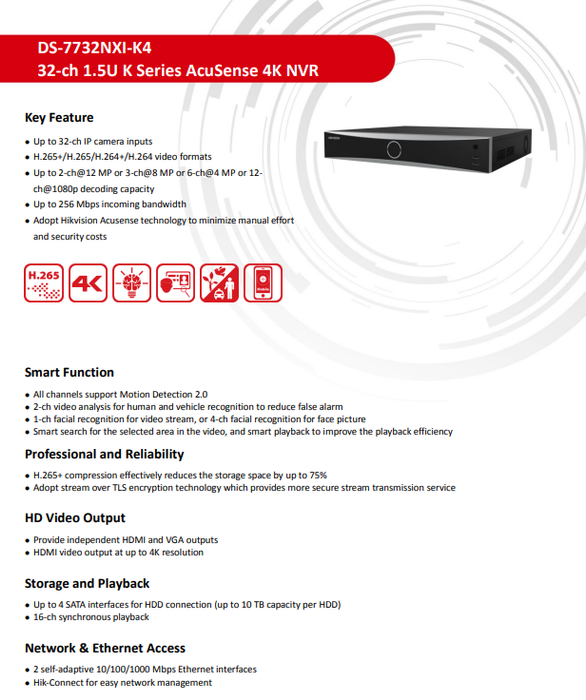 Hikvision DS-7732NXI-K4 32 Channel 4K ACU-Sense NVR(No PoE), Human&Vehicle Detection, Facial Recognition, Up to 12MP Recording, Compatible with Hikvision IP Camera, 4 SATA & 2-Way Audio, H.265+ (No HDD)