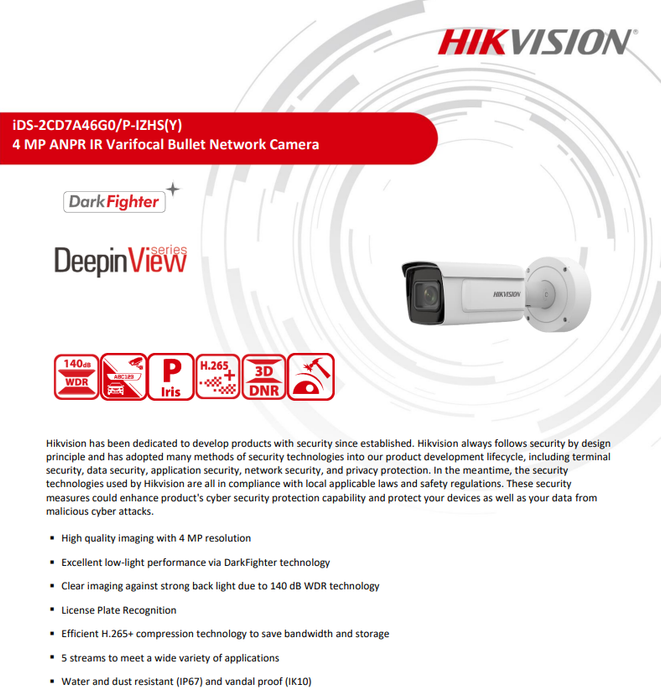 Hikvision 4MP DeepinView IP iDS-2CD7A46G0/P-IZHS ANPR Moto Varifocal Bullet Camera 8-32MM