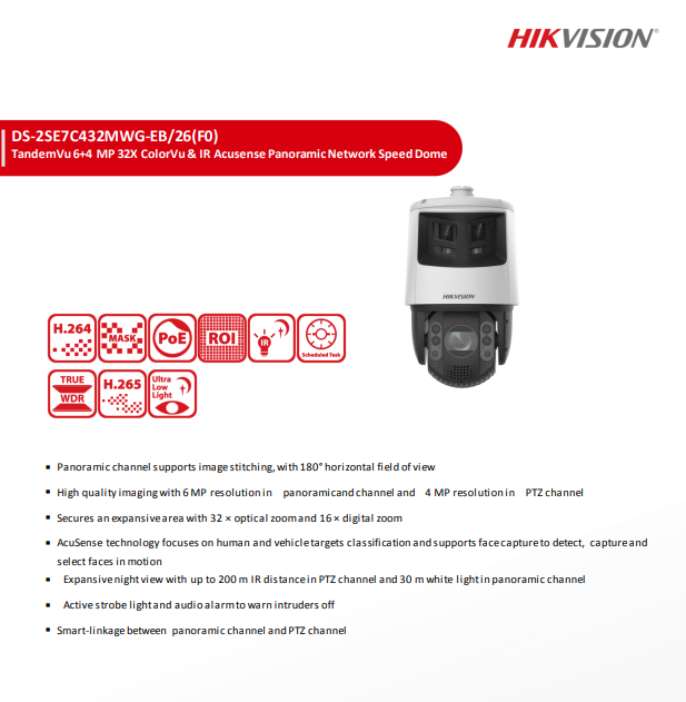 Hikvision DS-2SE7C432MWG-EB/26(F0) TandemVu 6+4 MP 32X ColorVu & IR Acusense IP Panoramic Network Speed Dome