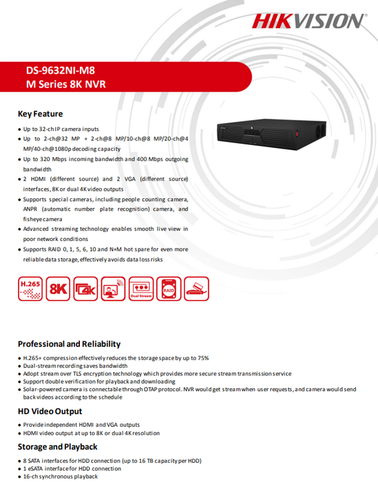 Hikvision M Series DS-9632NI-M8 32CH 8K NVR 2 HDMI & 2 VGA 8K or Dual 4K video outputs