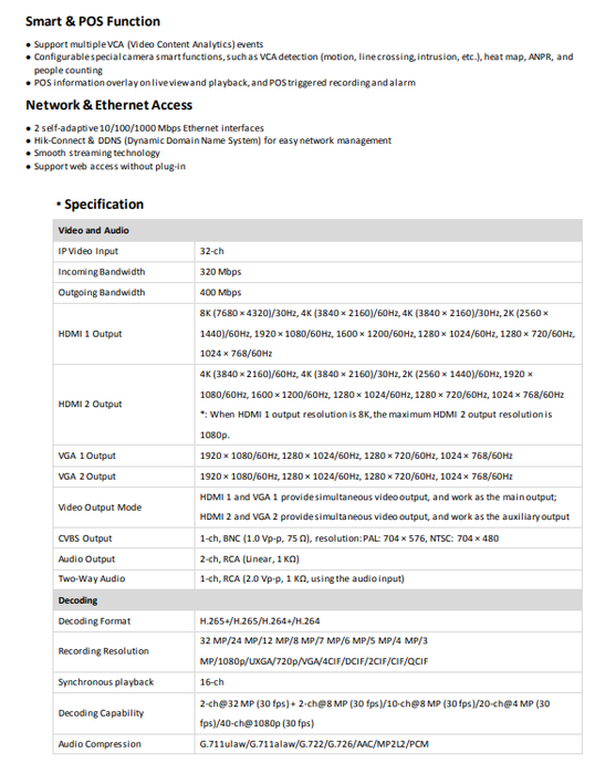 Hikvision M Series DS-9632NI-M8 32CH 8K NVR 2 HDMI & 2 VGA 8K or Dual 4K video outputs