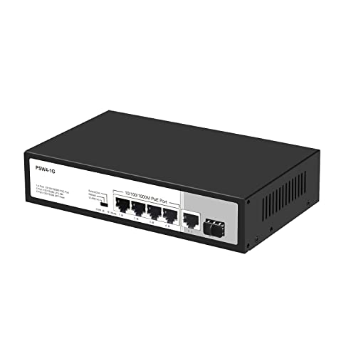 Real HD PSW4-1G 4 Port Full Gigabit PoE Switch Unmanaged, 5 Gigabit PoE+ Ports with Gigabit Uplink Ports, Total Power Budget 65W, 803.af/at Compliant, Rugged Metal Case, Work with IP Cameras VOIP Phones