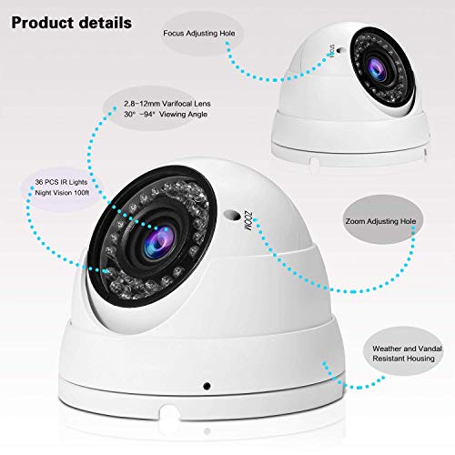 Real HD 1080P Dome Outdoor Security Camera (Quadbrid 4-in1 HD-CVI/TVI/AHD/Analog), 2MP 1920x1080, 100ft Night Vision, Metal Housing, 2.8-12mm Varifocal Wide Viewing Angle, White