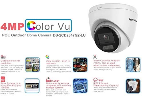 Hikvision DS-2CD1347G0-IUF 4MP Full Color Night Vision 247 Color with Visible White LED Lights, 2.8mm PoE IP Turret Dome Camera, IP67 H.265+ Built in Mic English Version, Compatible with Hikvision NVR