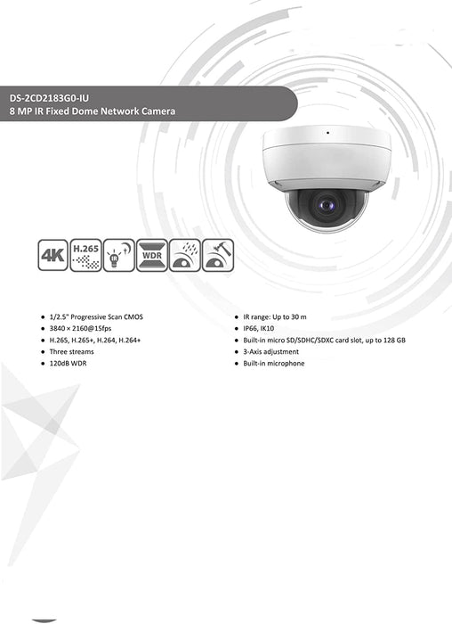 Hikvision DS-2CD2183G0-IU 4K 8MP IP Camera 2.8mm PoE Vandal Dome Camera Built in Microphone IR IP67 IK10 H.265+ English Version Compatible with Hik Vision NVR