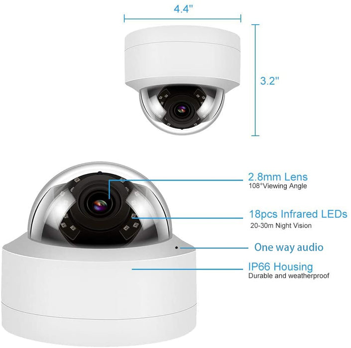 IPC-Y4VD28A 4MP PoE IP Dome Security Camera, 2.8mm Wide Angle, H.265 IP66 Waterproof Built-in Micphone/Audio, Compatible with Hikvision Dahua Uniview NVR and Blue Iris
