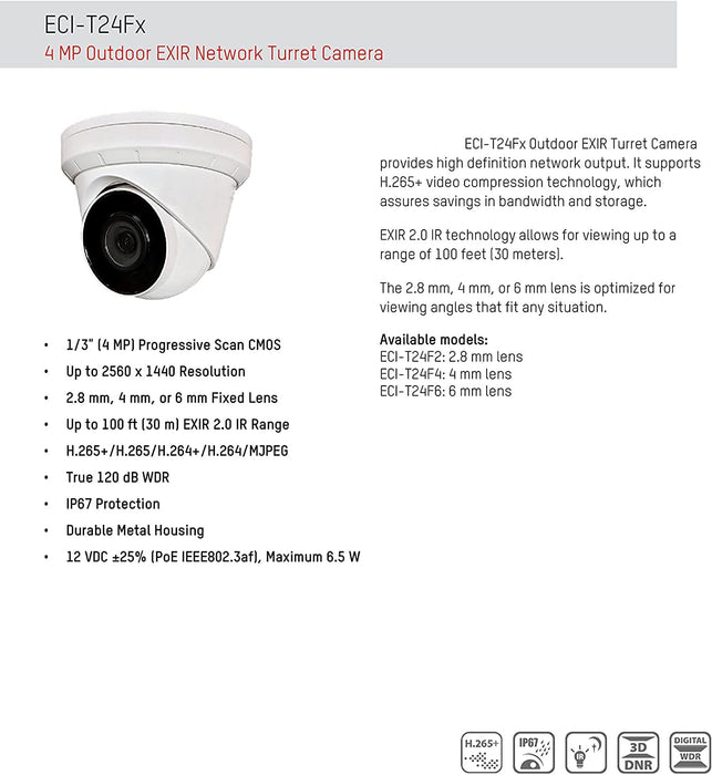 Hikvision ECI-T24F2 4MP IP Camera 2.8mm PoE Turret Dome Camera True WDR 3-Axis IP67 H.265+, Support US Firmware Upgrade