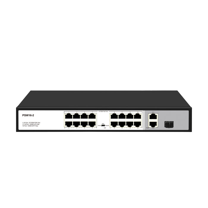 Real HD PSW16-2 16 Port 10/100Mbps PoE+ Switch with 2 Gigabit Uplink Ports, Up to 30W Per Port, Total Budget 250W, 803.af/at Compliant, Extend Mode, Rack Mount
