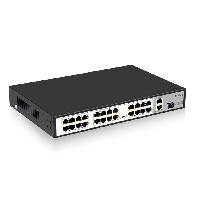 Real HD PSW24-2 24 Port 10/100Mbps PoE+ Switch with 2 Gigabit Uplink Ports, Up to 30W Per Port, Total Budget 250W, 803.af/at Compliant, Rack Mount