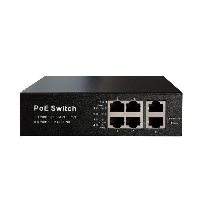 PSW4-2 4 Port 10/100Mbps PoE Switch Plug and Play PoE+ Switch with Additional 2 Uplink Port, Up to 30W Per Port, Total Budget 60W, 803.af Compliant